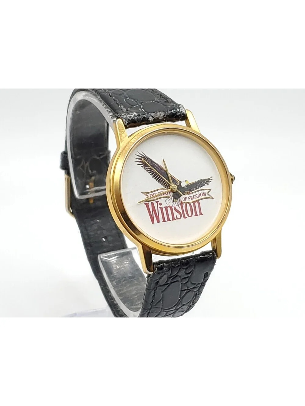 Winston Quartz Watch New Battery Gold Tone Black Band Round 32mm